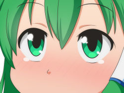 Rule 34 | 1girl, blush, cato (monocatienus), close-up, commentary request, green eyes, green hair, hair between eyes, hair tubes, kochiya sanae, looking at viewer, nose blush, simple background, solo, tears, touhou, white background