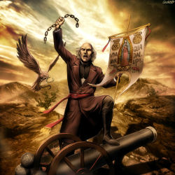 Rule 34 | 1boy, bald, belt, bird, boots, bullet, cactus, cannon, cannonball, chain, cloud, coat, cuffs, dark-skinned male, dark skin, dress, eagle, eating, emblem, epic, flag, genzoman, grass, high collar, hood, mexico, miguel hidalgo, mountain, nature, old, pants, priest, real life, real life insert, realistic, shirt, sky, snake, virgen de guadalupe, virgin of guadalupe, war, wheel, white hair