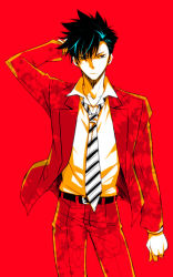 Rule 34 | 10s, 1boy, formal, haikyuu!!, kuroo tetsurou, male focus, necktie, red background, short hair, simple background, solo, sousui hani, suit