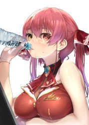 Rule 34 | 1girl, ascot, blush, bottle, breasts, cleavage, commentary request, drinking, gloves, hair ribbon, heterochromia, highres, holding, holding bottle, hololive, houshou marine, large breasts, looking at viewer, red ascot, red eyes, red hair, red ribbon, ribbon, see-through, see-through cleavage, simple background, solo, twintails, upper body, virtual youtuber, wankosukii, water bottle, white background, white gloves, yellow eyes