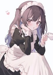 Rule 34 | 1girl, apron, black dress, blush, brown eyes, brown hair, commentary request, cup, dress, haruta 333 x, heart, highres, holding, juliet sleeves, long hair, long sleeves, looking at viewer, maid, maid apron, maid headdress, original, puffy sleeves, simple background, solo, two side up, white background