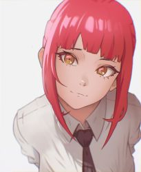 Rule 34 | 1girl, blunt bangs, breasts, chainsaw man, closed mouth, highres, leaning forward, lem, light smile, looking at viewer, makima (chainsaw man), necktie, orange eyes, red hair, ringed eyes, shirt, sidelocks, solo, upper body, white shirt
