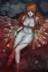 Rule 34 | 1girl, absurdres, arm support, bracelet, bustier, corset, eyelashes, flower, halterneck, halterneck, highres, horns, jewelry, lips, long hair, long skirt, looking at viewer, nail polish, original, partially submerged, red hair, red nails, river, sitting, skirt, solo, usukuti, water, white skirt, yellow eyes