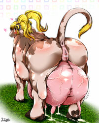 Rule 34 | artist request, ass, blonde hair, breasts, censored, cow, furry, horns, lactation, long hair, nipples, ponytail, pussy, red eyes, udder