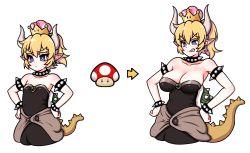 Rule 34 | 1girl, 2girls, age progression, aged down, armlet, arrow (symbol), bare shoulders, black dress, blonde hair, blue eyes, bowsette, bracelet, breast expansion, breasts, clenched teeth, collar, crown, dress, earrings, eron, forked eyebrows, gem, hair between eyes, hands on own hips, highres, horns, jewelry, large breasts, mario (series), multiple girls, mushroom, new super mario bros. u deluxe, nintendo, pointy ears, ponytail, sharp teeth, smug, spiked armlet, spiked bracelet, spiked collar, spikes, strapless, strapless dress, super crown, tail, teeth, turtle shell