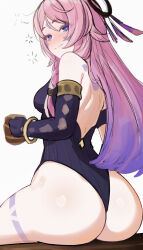 1girl ass bare_shoulders black_leotard blue_eyes blush braid breasts citlali_(genshin_impact) drunk facial_mark feathers floating_hair_ornament forehead_mark from_behind genshin_impact hair_ornament highres leotard long_hair looking_at_viewer mini2chainz pink_hair pink_pupils purple_feathers ring_hair_ornament sitting sleeveless_leotard solo tankard thigh_marking triangle triangle_facial_mark very_long_hair white_background