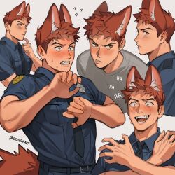 Rule 34 | 1boy, animal ear fluff, animal ears, artist name, belt, black belt, black necktie, blue shirt, blush, breast pocket, brown eyes, brown hair, brown tail, clenched teeth, collared shirt, commentary, constricted pupils, dog boy, dog ears, dog tail, embarrassed, english commentary, etceteraart, fangs, flying sweatdrops, grey shirt, hands up, highres, laughing, looking at viewer, male focus, multiple views, necktie, open mouth, original, pocket, police, police badge, police uniform, shirt, short hair, short sleeves, simple background, sweat, tail, teeth, twitter username, uniform, upper body, white background
