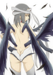 Rule 34 | 10s, 1girl, ass, bandages, bare back, bare shoulders, breasts, brown eyes, butt crack, cowboy shot, dangorou (yushi-art), earrings, elbow gloves, feathers, from behind, gloves, grey hair, grin, hand on own hip, iona (wixoss), jewelry, looking at viewer, looking back, medium breasts, selector wixoss, shiny skin, simple background, smile, solo, standing, thighhighs, white background, wings, wixoss