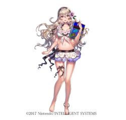 Rule 34 | 1girl, bikini, blush, breasts, corrin (female) (fire emblem), corrin (female) (summer) (fire emblem), corrin (fire emblem), fire emblem, fire emblem fates, fire emblem heroes, full body, hair between eyes, hairband, long hair, looking at viewer, navel, nintendo, official alternate costume, official art, pointy ears, red eyes, sencha (senchat), simple background, smile, solo, swimsuit, white background, white hair