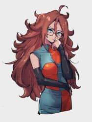 Rule 34 | 1girl, android 21, black sleeves, blue eyes, breasts, brown hair, checkered clothes, checkered dress, closed mouth, detached sleeves, dragon ball, dragon ball fighterz, dress, earrings, glasses, hoop earrings, jewelry, kemachiku, long hair, looking at viewer, medium breasts, simple background, solo