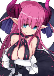 Rule 34 | 10s, 1girl, alternate breast size, black dress, blue eyes, blush, breast hold, breasts, curled horns, detached sleeves, dress, elizabeth bathory (fate), elizabeth bathory (fate/extra ccc), elizabeth bathory (first ascension) (fate), eyebrows, fate/extra, fate/extra ccc, fate (series), horns, large breasts, long hair, looking at viewer, noa (nagareboshi), pink hair, pointy ears, solo, tail