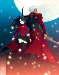 Rule 34 | 1boy, 1girl, archer (fate), black hair, blue eyes, dark skin, dark-skinned male, fate/stay night, fate (series), full moon, hair ribbon, height difference, kituonna, light particles, long hair, moon, ribbon, size difference, thighhighs, tohsaka rin, two side up, white hair, zettai ryouiki