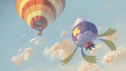 Rule 34 | 3 (qqo0g), aircraft, artist name, cloud, creatures (company), day, drifblim, flying, from below, game freak, gen 4 pokemon, hot air balloon, nintendo, no humans, outdoors, pokemon, pokemon (creature), red eyes, sky, solo, watermark