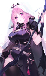 Rule 34 | 1girl, black nails, black thighhighs, breasts, cape, fingernails, highres, holding, holding staff, hololive, hololive english, large breasts, long hair, looking at viewer, mori calliope, mori calliope (1st costume), nail polish, pink eyes, pink hair, solo, staff, thighhighs, veil, virtual youtuber, yaguo
