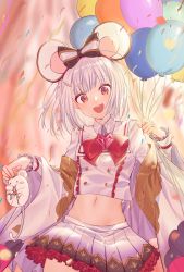 Rule 34 | 1girl, :d, animal, animal ears, balloon, bow, bowtie, brooch, chinese commentary, commentary request, confetti, cowboy shot, crop top, granblue fantasy, hair bow, hairband, heart, heart brooch, highres, holding, holding animal, holding balloon, jewelry, long sleeves, looking at viewer, midriff, miniskirt, mouse ears, navel, open mouth, petticoat, pleated skirt, red bow, red bowtie, red eyes, red hairband, shirt, short hair, sifang, silver hair, skirt, smile, solo, standing, stomach, vikala (granblue fantasy), white shirt, white skirt