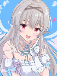 Rule 34 | 1girl, angel wings, blue background, blue ribbon, breasts, cleavage, commentary request, criss-cross halter, cropped, dress, eyebrows hidden by hair, feathers, gloves, grey hair, hair between eyes, hairband, halterneck, happy, heart, highres, idoly pride, light blush, long hair, looking at viewer, medium breasts, omoimochi, open mouth, pointing, red eyes, ribbon, shadow, sidelocks, simple background, solo, strap gap, teeth, tendou rui, upper body, upper teeth only, very long hair, white dress, white gloves, wings