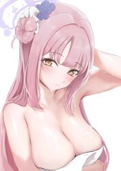 Rule 34 | 1girl, absurdres, blue archive, blush, breasts, cleavage, closed mouth, flower, hair bun, hair flower, hair ornament, halo, highres, large breasts, long hair, mika (blue archive), naked towel, pink hair, purple flower, purple halo, sashimi nasu, simple background, single side bun, solo, towel, upper body, white background, white towel, yellow eyes
