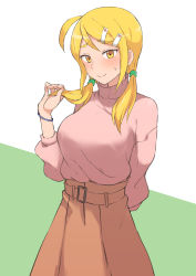 Rule 34 | 1girl, absurdres, ahoge, belt, blonde hair, blush, bracelet, breasts, hair ornament, hairclip, highres, jewelry, large breasts, long hair, looking at viewer, original, pink sweater, simple background, skirt, smile, solo, standing, sweatdrop, sweater, terasu mc, twintails, white background, yellow eyes