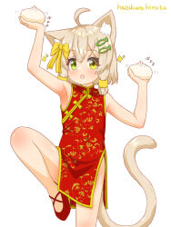 Rule 34 | 1girl, absurdres, ahoge, animal ear fluff, animal ears, arm up, armpits, artist name, baozi, bare shoulders, blonde hair, blush, bow, cat ears, cat girl, cat tail, china dress, chinese clothes, covered navel, cowboy shot, dress, female focus, fish hair ornament, floral print, food, green eyes, hair bow, hair ornament, hairclip, hand up, hazakura hinata, heterochromia, highres, holding, holding food, japanese text, leg up, looking at viewer, motion lines, open mouth, original, outline, pink outline, red dress, red footwear, shoes, short dress, short hair, sidelocks, signature, simple background, sleeveless, sleeveless dress, solo, sparkle, standing, standing on one leg, tail, translation request, white background, yellow bow, yellow eyes