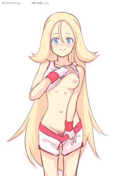 Rule 34 | 1girl, belly, blonde hair, blue eyes, blush, boogerkim, breasts, censored, clothes lift, creatures (company), eyebrows, flashing, game freak, gym leader, highres, korrina (pokemon), long hair, nintendo, nipples, one breast out, pokemon, pokemon xy, pussy, shirt, shorts, simple background, smile, solo, stomach, very long hair, white background