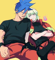 Rule 34 | 2boys, bad id, bad twitter id, baggy pants, blonde hair, blue hair, boots, crossed arms, crossed legs, fxaprince, galo thymos, jacket, jacket on shoulders, leaning on person, lio fotia, male focus, multiple boys, open mouth, pants, promare, purple eyes, shirt, sleeping, sleeping on person, smile, spiked hair, t-shirt