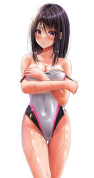 Rule 34 | 1girl, absurdres, black hair, breasts, cleavage, clothes pull, collarbone, commentary request, competition swimsuit, covered navel, cowboy shot, crossed arms, gluteal fold, highleg, highleg swimsuit, highres, medium breasts, medium hair, multicolored clothes, multicolored swimsuit, one-piece swimsuit, one-piece swimsuit pull, original, purple eyes, shiny skin, shiny swimsuit, simple background, solo, swimsuit, thigh gap, wet, wet clothes, wet swimsuit, white background, white one-piece swimsuit, yukemuriganmo