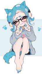 Rule 34 | 1girl, animal ears, barefoot, black-framed eyewear, blue background, blue hair, blush, cat ears, closed eyes, closed mouth, commentary request, dot nose, eyelashes, feet, full body, fummatsu soosu, glasses, grey sweater, head tilt, highres, medium hair, nintendo, octoling, octoling girl, octoling player character, paw pose, smile, solo, splatoon (series), sweater, tail, tentacle hair, thick eyebrows, two-tone background, white background