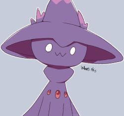 Rule 34 | :3, boke-chan, closed mouth, creatures (company), english text, game freak, gem, gen 4 pokemon, grey background, hat, meme, mismagius, nintendo, no humans, outline, owo what&#039;s this (meme), pokemon, pokemon (creature), purple hat, red gemstone, simple background, solo, talking, white eyes, white outline, witch hat
