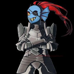 Rule 34 | 1girl, armor, artist name, black background, blue skin, colored sclera, colored skin, cowboy shot, crossed arms, eyepatch, eyeshadow, fins, fire emblem, grin, head fins, makeup, monster girl, nintendo, paranoidpantherspatterns, parody, ponytail, red eyes, red hair, sharp teeth, simple background, slit pupils, smile, solo, style parody, teeth, undertale, undyne, yellow sclera
