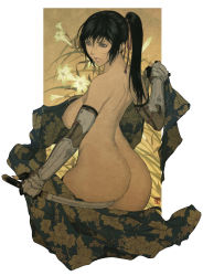 Rule 34 | 1girl, ass, back, black hair, blade, breasts, bridal gauntlets, cowboy shot, elbow gloves, flower, gloves, highres, holding, holding weapon, homare (fool&#039;s art), huge breasts, long hair, looking back, ninja, nipples, non-web source, nude, original, ponytail, short sword, simple background, solo, sword, weapon