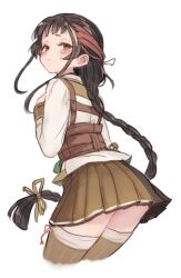 Rule 34 | 1girl, black hair, blush, braid, brown eyes, brown skirt, brown thighhighs, closed mouth, cowboy shot, cropped legs, from behind, kantai collection, long hair, long sleeves, military, military uniform, pleated skirt, shirt, simple background, single braid, skirt, solo, terrajin, thighhighs, uniform, very long hair, white background, yamashio maru (kancolle)