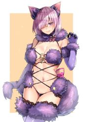 Rule 34 | 1girl, animal ears, bad id, bad twitter id, black panties, breasts, closed mouth, elbow gloves, fate/grand order, fate (series), fur collar, fur trim, gloves, hair over one eye, highres, large breasts, looking at viewer, mash kyrielight, mash kyrielight (dangerous beast), navel, o-ring, o-ring top, official alternate costume, panties, purple eyes, purple gloves, purple hair, purple thighhighs, revealing clothes, short hair, solo, sparkle, tail, thighhighs, tsukiriran, underwear, wolf ears, wolf tail