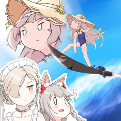 Rule 34 | 0 0, 3girls, :d, absurdres, adjusting clothes, adjusting headwear, animal ears, azur lane, blue one-piece swimsuit, blue sky, blunt bangs, box, braid, chain, choker, commentary request, cross, fang, fiido, fire, flower, flying, hair between eyes, hair flower, hair ornament, hair over one eye, hat, highres, iron cross, looking at another, looking up, maid headdress, mole, mole under eye, multiple girls, one-piece swimsuit, open mouth, rocket, sheffield (azur lane), short hair, silver hair, single braid, sky, smile, sparkle, straw hat, surfboard, surfing, swimsuit, tattoo, thick eyebrows, wolf ears, yellow eyes, yuudachi (azur lane), z46 (azur lane), z46 (her first summer) (azur lane), zoom layer