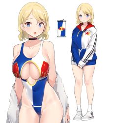 Rule 34 | 1girl, :o, bare legs, bare shoulders, blonde hair, blue eyes, blue jacket, blush, breasts, can, cleavage, cleavage cutout, closed mouth, clothing cutout, collarbone, competition swimsuit, drawstring, full body, hood, hood down, jacket, large breasts, long sleeves, looking at viewer, mole, mole under eye, multiple views, off shoulder, one-piece swimsuit, open mouth, original, own hands together, personification, popqn, product girl, red bull, shoes, short hair, simple background, socks, standing, swimsuit, thighs, v arms, white background, white footwear, white legwear