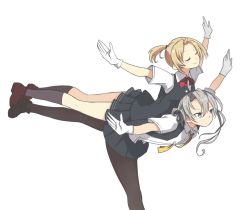 Rule 34 | 2girls, blonde hair, blue eyes, bow, bowtie, commentary request, closed eyes, gloves, kantai collection, loafers, looking away, maikaze (kancolle), multiple girls, necktie, nowaki (kancolle), on person, open clothes, open vest, outstretched arms, overman king gainer, pantyhose, parody, pleated skirt, ponytail, school uniform, shoes, silver hair, simple background, skirt, smile, standing, standing on one leg, vest, white background, white gloves, yuzuruka (bougainvillea)