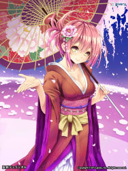 Rule 34 | 1girl, blush, breasts, cherry blossoms, cleavage, collarbone, copyright request, flower, hair flower, hair ornament, japanese clothes, kimono, large breasts, looking at viewer, michiking, obi, official art, oil-paper umbrella, pink hair, sash, short hair, smile, solo, umbrella, wide sleeves, yellow eyes