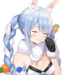 Rule 34 | 1girl, animal ear fluff, animal ears, bare shoulders, black gloves, blue hair, braid, breasts, carrot hair ornament, closed eyes, crying, detached sleeves, don-chan (usada pekora), extra ears, food-themed hair ornament, fur collar, fuwawa (fuwawa617), gloves, hair ornament, hand up, highres, hololive, open mouth, rabbit ears, sidelocks, simple background, small breasts, solo, tears, thick eyebrows, twin braids, twintails, upper body, usada pekora, usada pekora (1st costume), virtual youtuber, white background