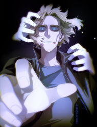 Rule 34 | 1boy, black background, black jacket, blonde hair, blood, blood from mouth, blue eyes, boku no hero academia, collarbone, colored sclera, commentary, english commentary, glowing, glowing eyes, grey sclera, grey shirt, highres, jacket, jewelry, long sleeves, looking at viewer, male focus, open clothes, open jacket, shirt, simple background, solo, teeth, trevo (trevoshere), twitter username, upper body, yagi toshinori
