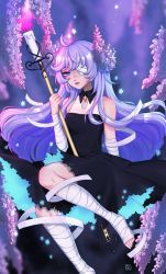 Rule 34 | 1girl, ahoge, arm at side, arm behind back, arm up, arm wrap, artist logo, artist name, black dress, blue eyes, breasts, candle, candlestand, closed mouth, dress, eyepatch, fire, highres, holding, holding candle, jewelry, lavender, light frown, light purple hair, long hair, looking at viewer, pendant, pink lips, shari cote, sidelocks, small breasts, solo, star (symbol), star print, swept bangs, very long hair, wax, wing collar