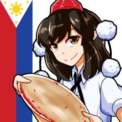 Rule 34 | 1girl, black hair, black ribbon, brown eyes, commentary, english commentary, flag, hands up, hat, holding, holding plate, looking at viewer, neck ribbon, philippine flag, plate, pointy ears, pom pom (clothes), red hat, ribbon, shameimaru aya, short hair, short sleeves, smile, solo, tokin hat, touhou, upper body, xen0moonz