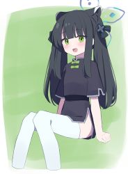 Rule 34 | 1girl, :d, absurdres, animal ear fluff, animal ears, black dress, black hair, blue archive, blunt bangs, blush, bow, cropped legs, dress, green background, green bow, green eyes, hair ornament, halo, highres, knees together feet apart, long hair, looking at viewer, open mouth, short sleeves, shun (blue archive), shun (small) (blue archive), sitting, smile, solo, thighhighs, twintails, two-tone background, uhouhogorigori, very long hair, white background, x hair ornament