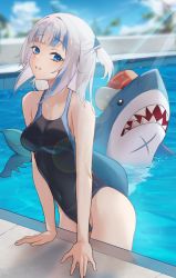 Rule 34 | 1girl, absurdres, arm support, bare arms, bare shoulders, black one-piece swimsuit, bloop (gawr gura), blue eyes, blurry, breasts, covered navel, day, depth of field, gawr gura, highleg, highleg swimsuit, highres, hololive, hololive english, long hair, looking at viewer, multicolored hair, one-piece swimsuit, one side up, outdoors, parted lips, pool, shark, small breasts, solo, soriham, streaked hair, sunlight, swimsuit, thighs, virtual youtuber, water, white hair