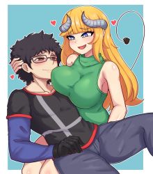 Rule 34 | 1boy, 1girl, aqua background, black gloves, black hair, black pants, blonde hair, blue eyes, blunt bangs, blush, breasts, bright pupils, glasses, gloves, green shirt, highres, horns, large breasts, layered sleeves, long hair, long sleeves, luthella (azuricanknight), mii brawler, mole, mole under mouth, moursho, original, outline, pants, second-party source, shirt, short hair, short over long sleeves, short sleeves, sleeveless, sleeveless shirt, smile, white outline, white pupils