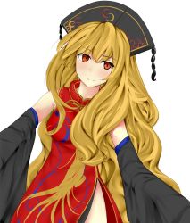 Rule 34 | 1girl, adapted costume, alternate costume, big hair, blonde hair, braco, breasts, cowboy shot, detached sleeves, dress, hair over shoulder, hat, hip focus, junko (touhou), long hair, looking at viewer, orange eyes, red dress, ribbon, side slit, simple background, smile, solo, touhou, traditional clothes, turtleneck, very long hair, white background, wide sleeves