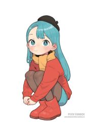 Rule 34 | 1girl, :&gt;, absurdres, beret, black hat, black leggings, blue eyes, blue hair, blush, boots, child, closed mouth, full body, hat, highres, hilda (hilda), hilda (series), leggings, long hair, long sleeves, looking at viewer, opossumachine, own hands together, pantyhose, pixiv username, red footwear, red sweater, scarf, simple background, solo, squatting, sweater, white background, yellow scarf