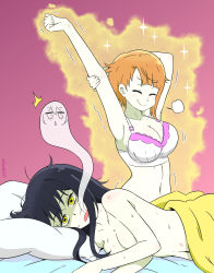Rule 34 | 2girls, absurdres, aftersex, arm up, armpits, asymmetrical bangs, aura, black hair, bra, breasts, cleavage, closed eyes, collarbone, convenient arm, female focus, flexing, garethue8, giving up the ghost, highres, large breasts, long hair, lying, medium breasts, messy hair, mieruko-chan, multiple girls, navel, nude, on bed, open mouth, orange hair, purple background, shaded face, short hair, sleepy, smile, stomach, stretching, sweat, twitter username, underwear, white bra, yellow eyes, yotsuya miko, yuri, yurikawa hana