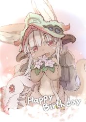 Rule 34 | 1girl, :3, animal ears, blush, flower, furry, furry female, happy birthday, holding, holding flower, long hair, looking at viewer, made in abyss, mitty (made in abyss), nanachi (made in abyss), open mouth, rabbit ears, red eyes, sketch, smile, solo, tail, tsukushi akihito, white hair