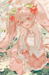 Rule 34 | 1girl, absurdres, blush, cherry blossoms, cherry hair ornament, chinese commentary, collared shirt, detached sleeves, food-themed hair ornament, hair between eyes, hair ornament, happy birthday, hatsune miku, highres, long hair, looking at viewer, necktie, open mouth, pink footwear, pink hair, pink necktie, pink skirt, pink sleeves, pink theme, pink thighhighs, pleated skirt, red eyes, red nails, sakura miku, shirt, sitting, skirt, sleeveless, sleeveless shirt, solo, teeth, thighhighs, twintails, upper teeth only, vocaloid, weibo logo, weibo watermark, white shirt, yokozuwari, z3zz4, zettai ryouiki
