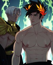 Rule 34 | 2boys, ancient greek clothes, bara, black hair, blood, fox bravo, greco-roman clothes, green eyes, grey hair, hades (series), hades 1, heterochromia, large pectorals, laurel crown, looking at another, male focus, multiple boys, muscular, muscular male, nosebleed, pectorals, red eyes, short hair, thanatos (hades), topless male, yaoi, yellow eyes, zagreus (hades)