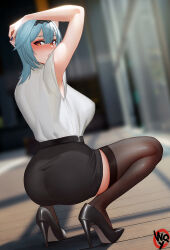 Rule 34 | 1girl, armpits, arms up, ass, black footwear, black skirt, blue hair, blurry, blurry background, breasts, brown eyes, covered erect nipples, dutch angle, eula (genshin impact), from behind, genshin impact, high heels, highres, large breasts, looking at viewer, looking back, office lady, parted lips, pencil skirt, shirt tucked in, skirt, solo, squatting, thighhighs, w.q.y, zettai ryouiki